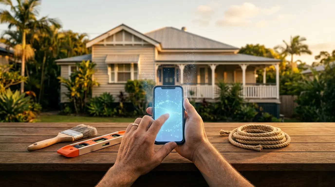 Holding a phone up in front of a Queenslander house at golden hour, with a paintbrush and spirit level on the deck