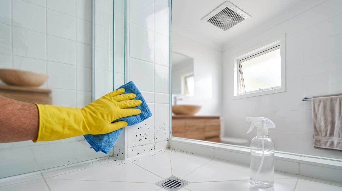 A gloved hand wiping mould from shower silicone in a bright bathroom
