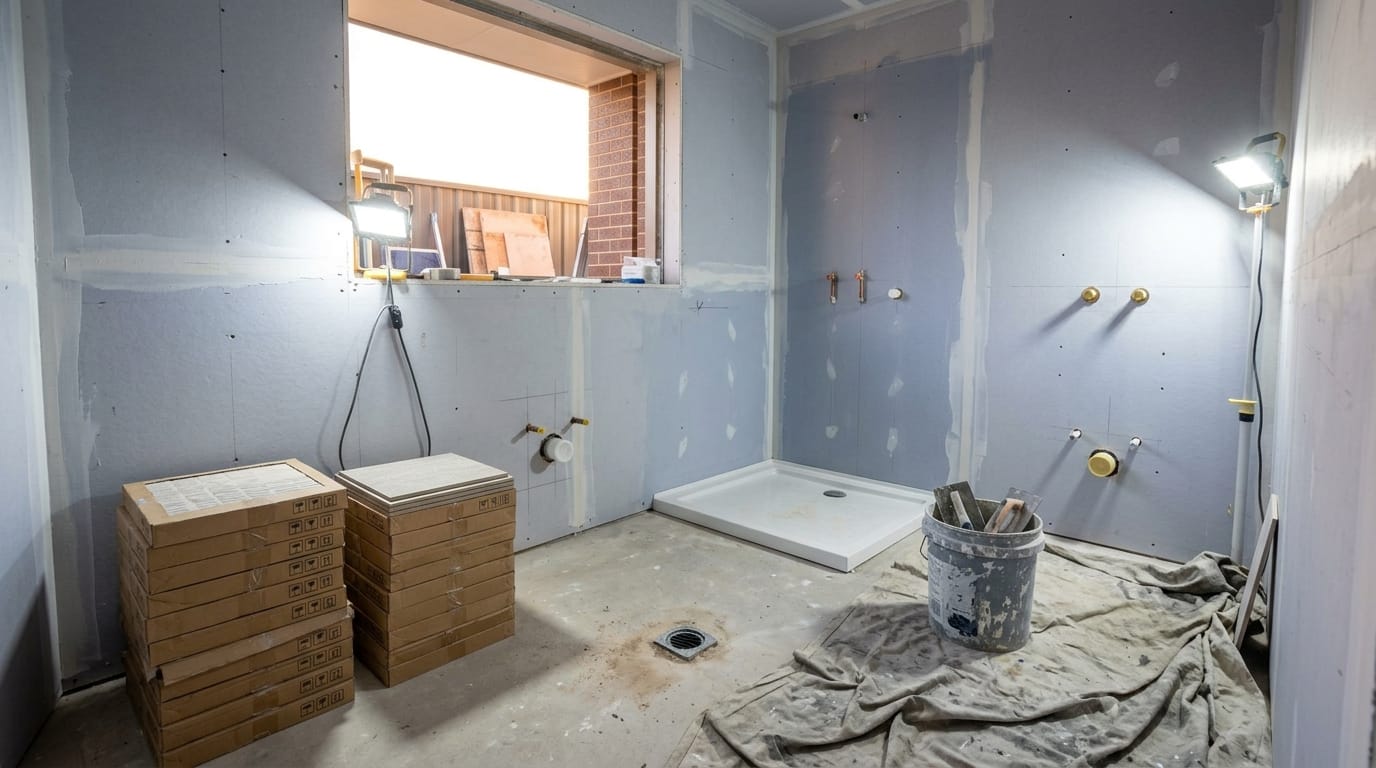 A bathroom mid-renovation with wall sheeting, roughed-in pipes and boxes of tiles