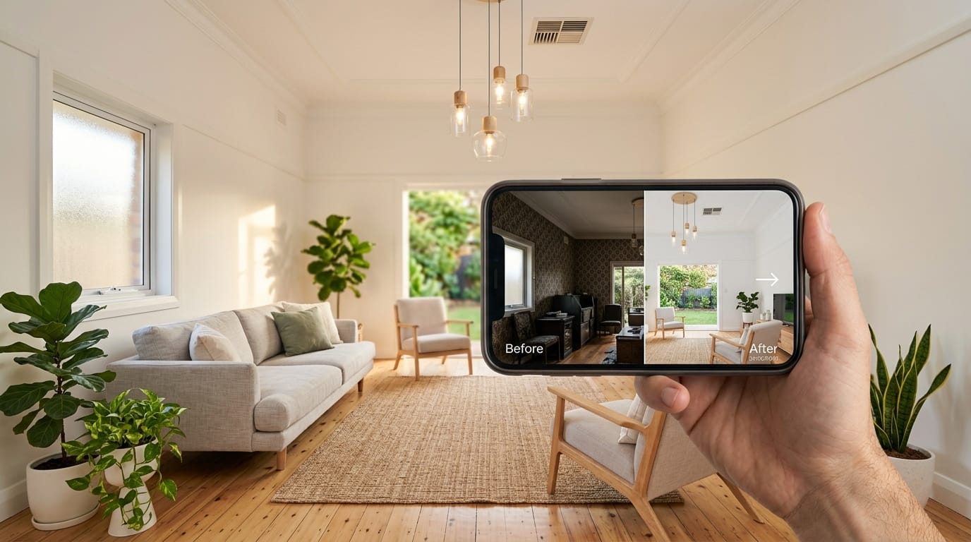 A phone showing before and after photos of a renovated living room