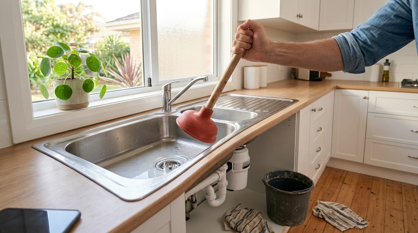 Using a plunger on a blocked kitchen sink