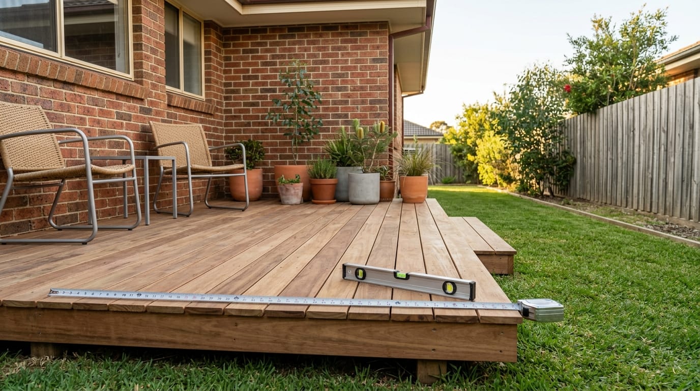 A finished low timber deck in an Australian backyard