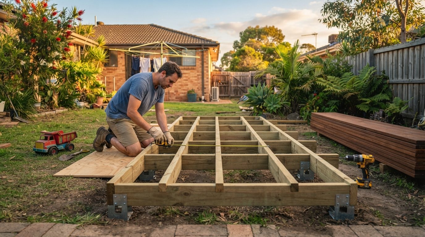 Treated pine deck joists laid out on bearers in an Australian backyard, a toddler's toy truck on the grass nearby