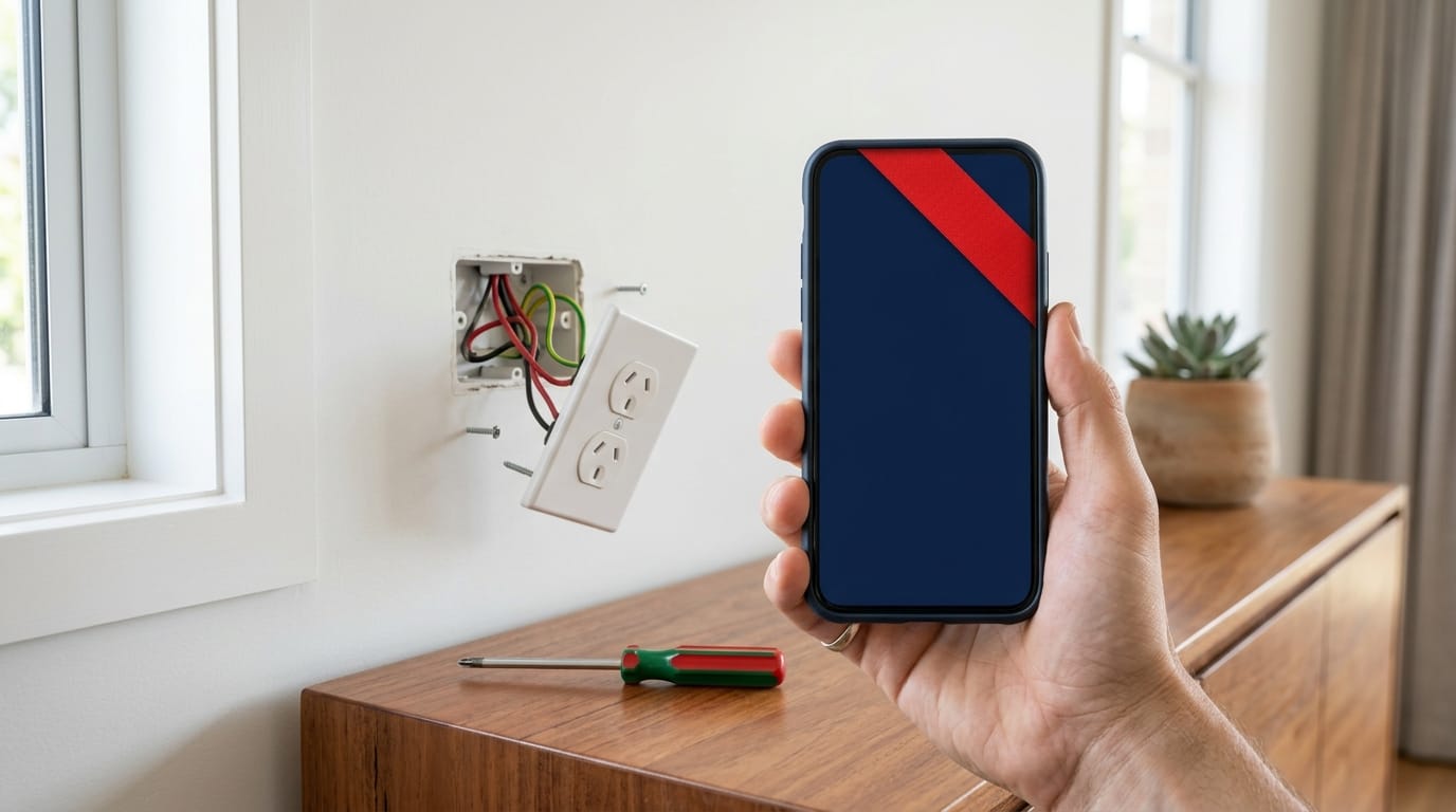 A phone showing a red corner flag, held up in front of a power point with its cover plate removed