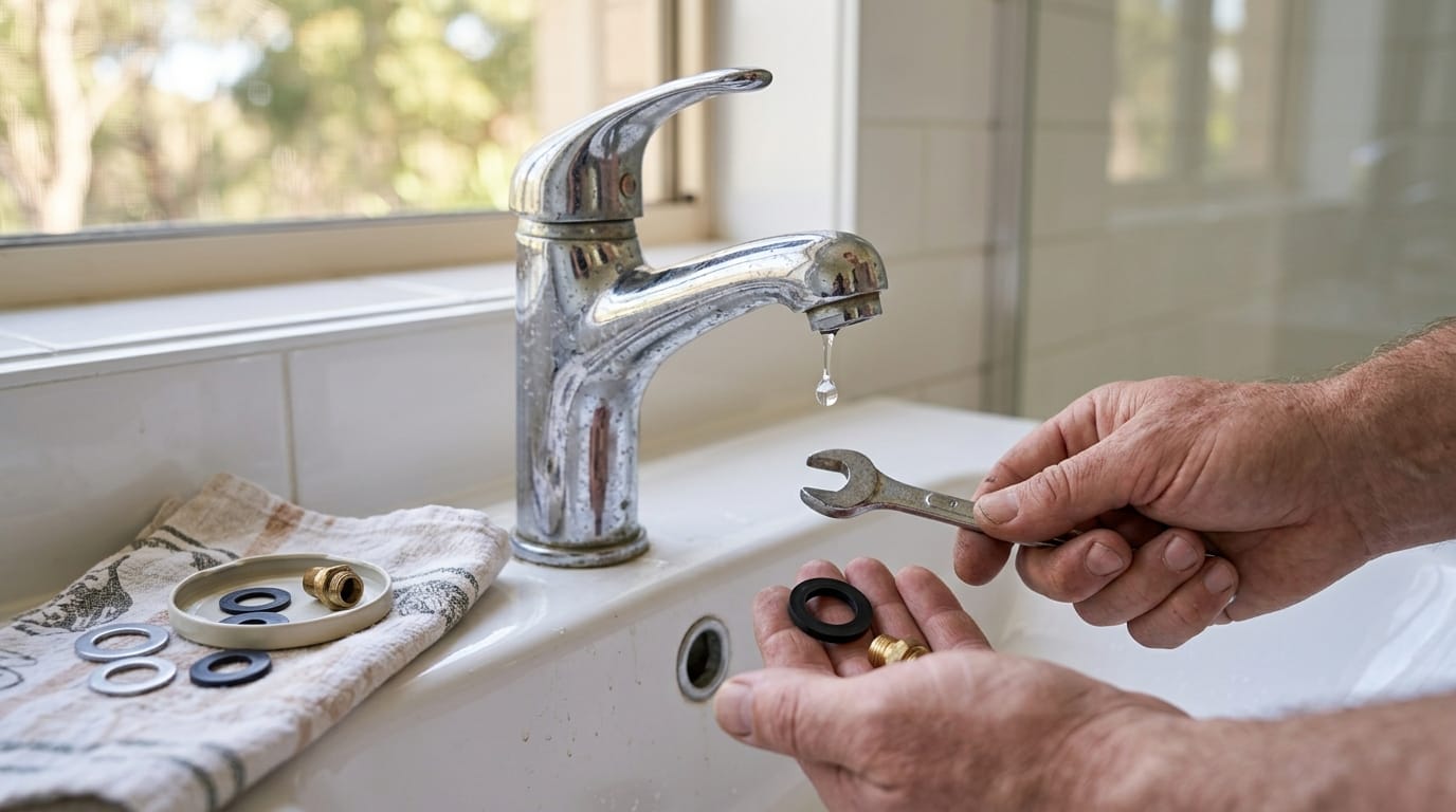 Holding a spanner and a new tap washer next to a dripping basin tap
