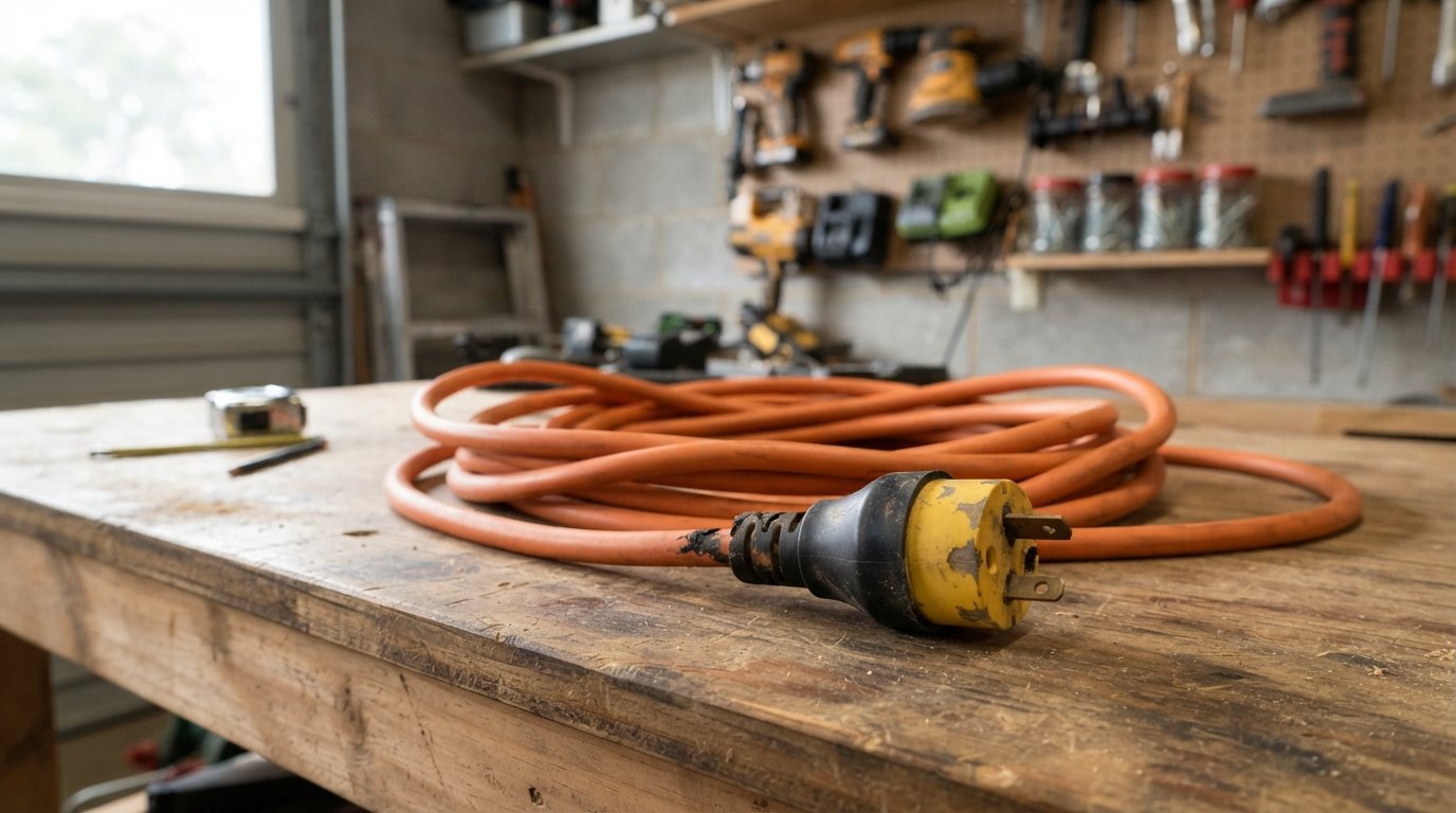 An orange extension lead with a worn plug on a garage workbench