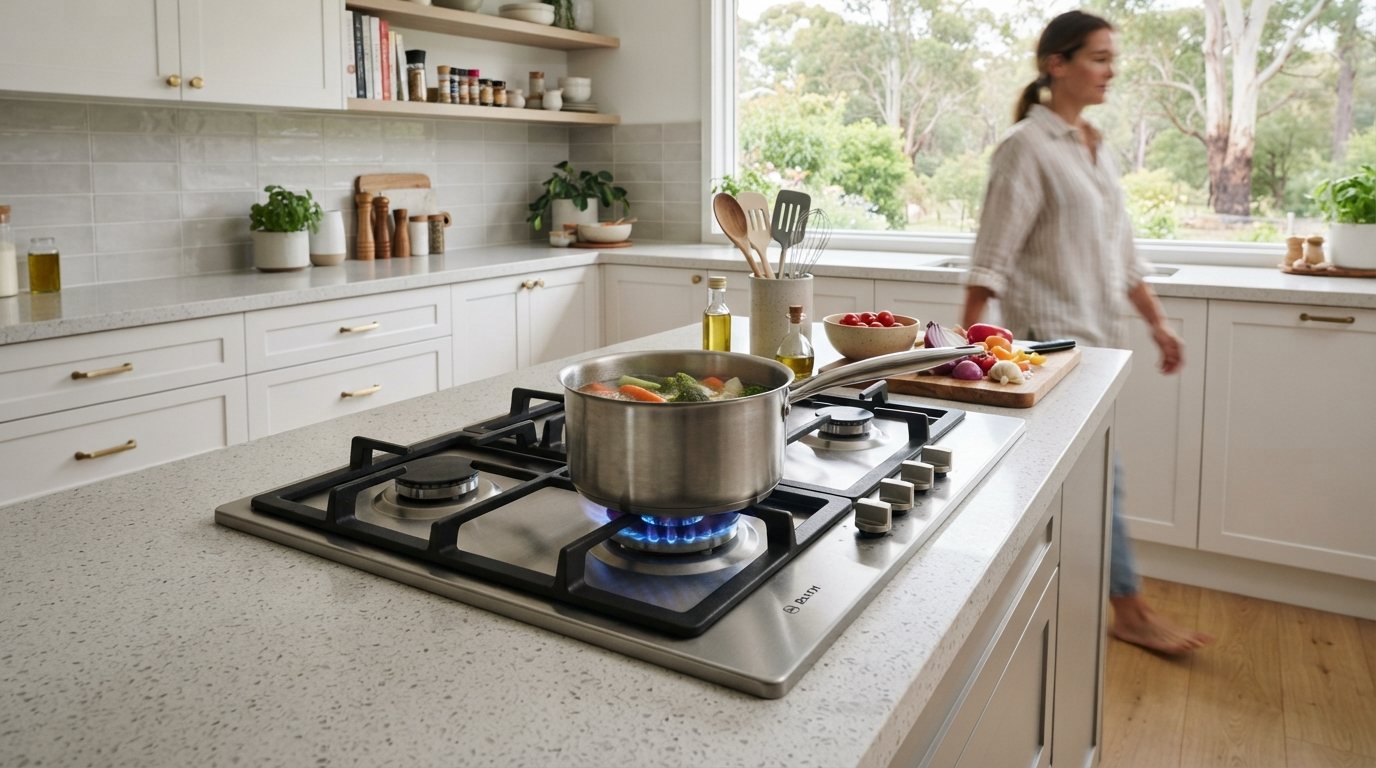 A gas cooktop with blue flames in a modern kitchen
