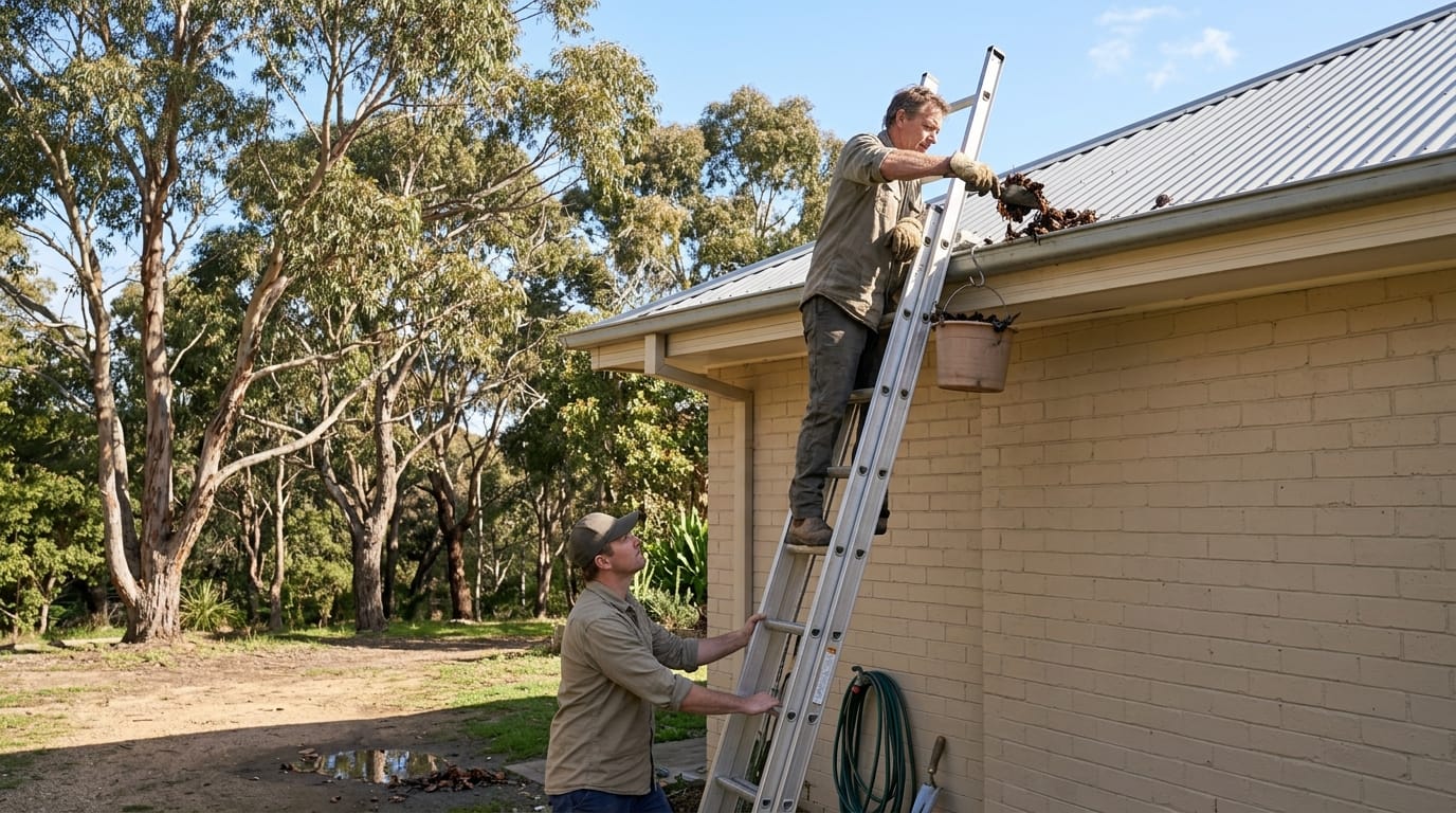 Cleaning leaves out of a roof gutter from a ladder while a helper steadies the base