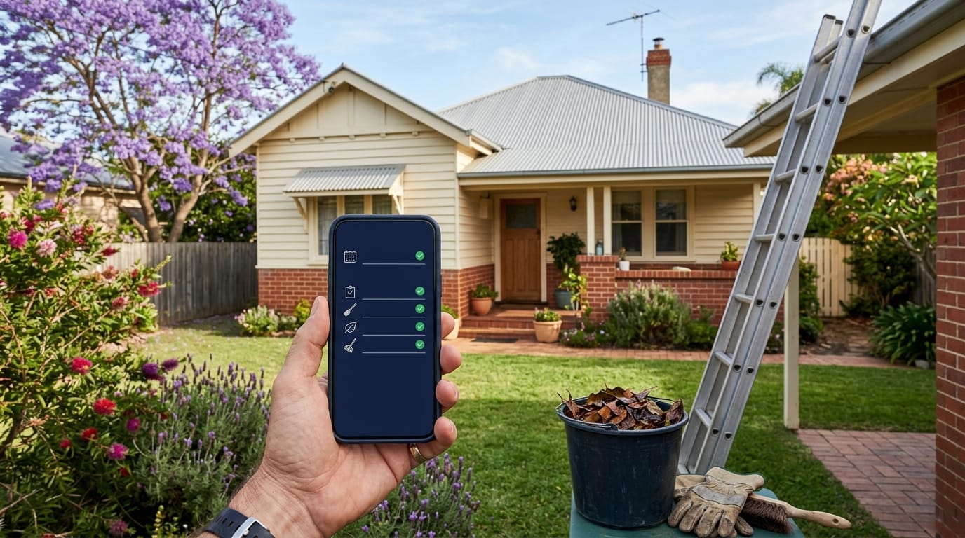 A phone showing a maintenance checklist in front of an Australian home with a ladder against the gutter in spring