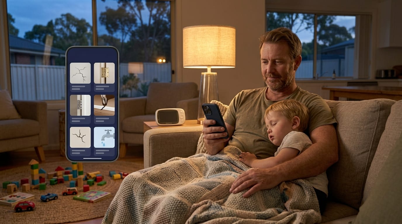 A parent on the couch scrolling a list of home jobs on their phone while a child sleeps beside them