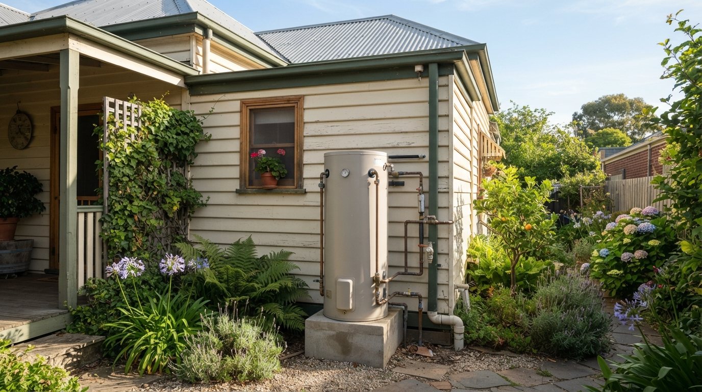 An electric hot water system beside a weatherboard house