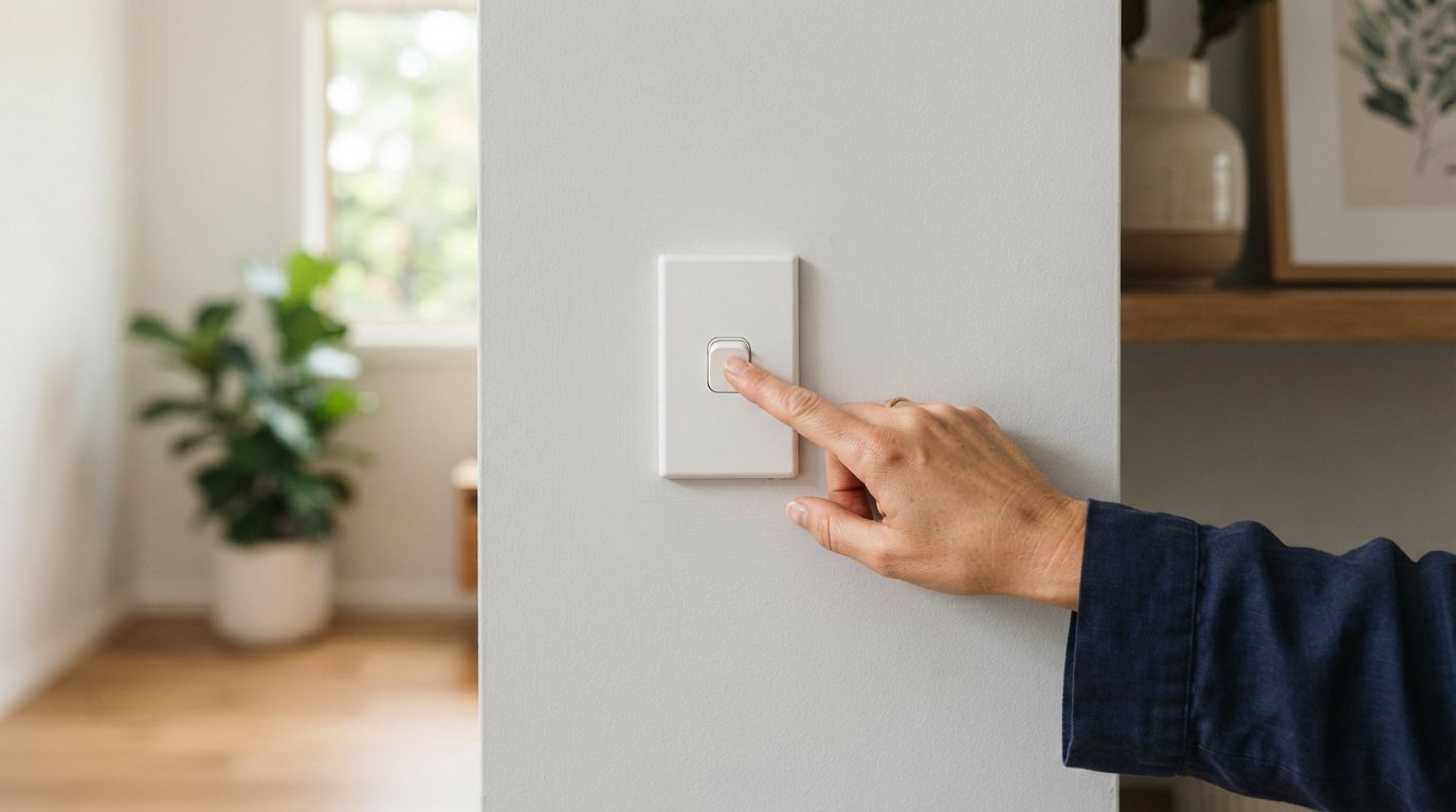 A hand pressing a light switch on a painted wall