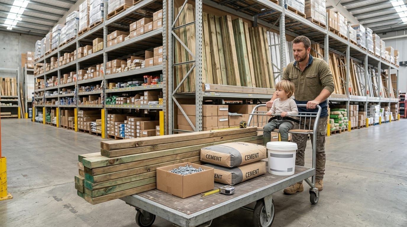 A parent pushing a hardware store trolley with a toddler in the seat