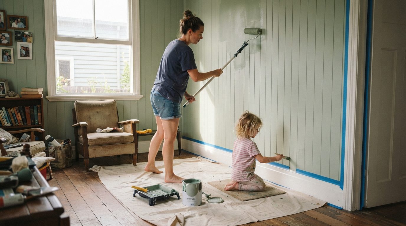 A parent rolling paint onto a lounge room wall while a young child helps with a small brush