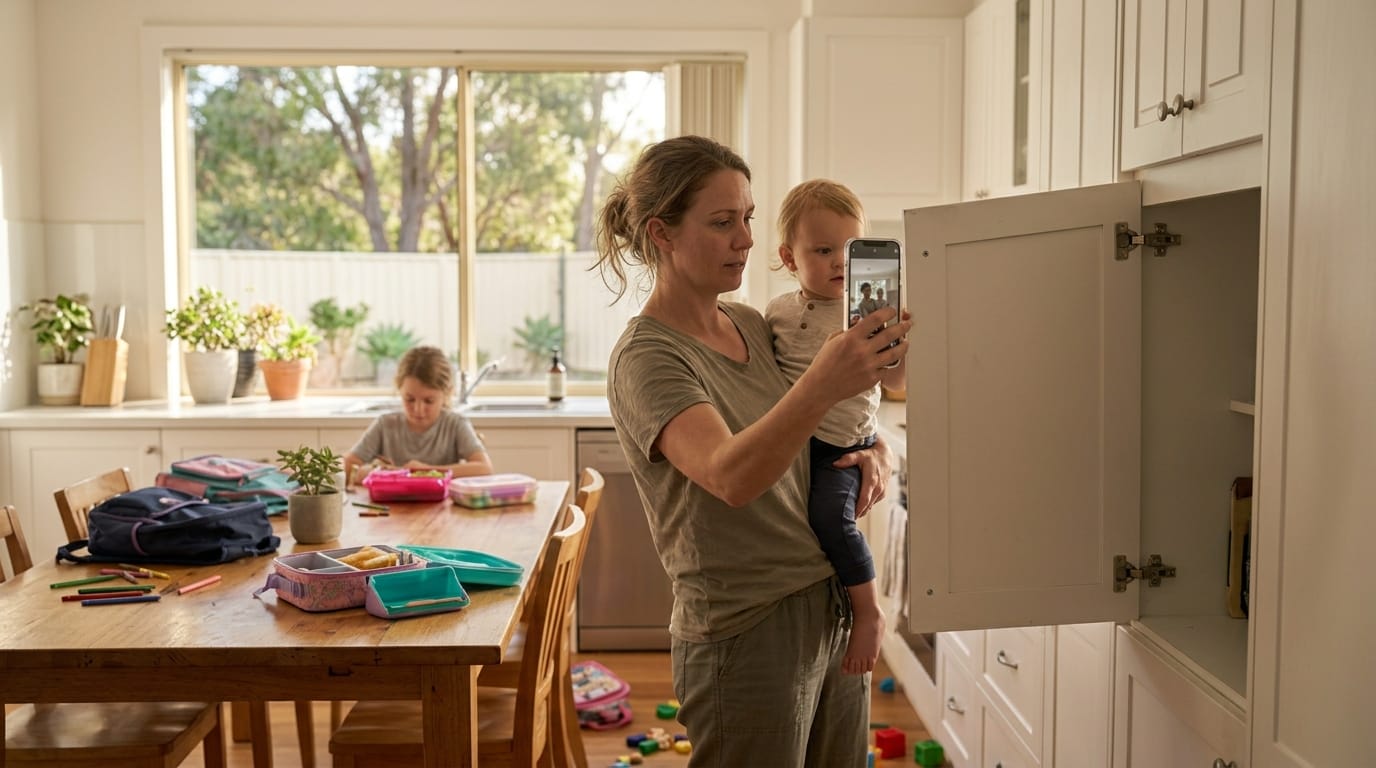 A parent holding a toddler snaps a photo of a crooked cupboard door in a busy family kitchen