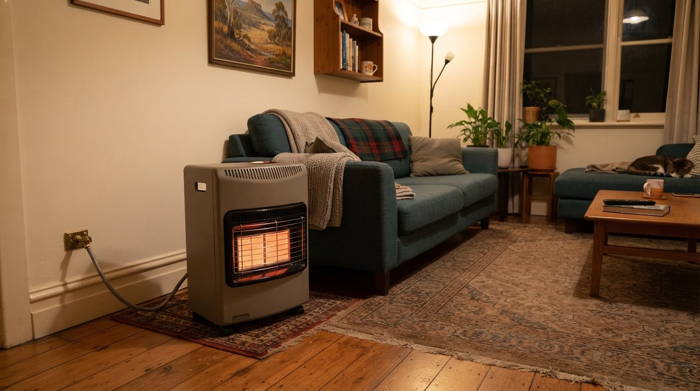 A portable gas heater glowing in a living room