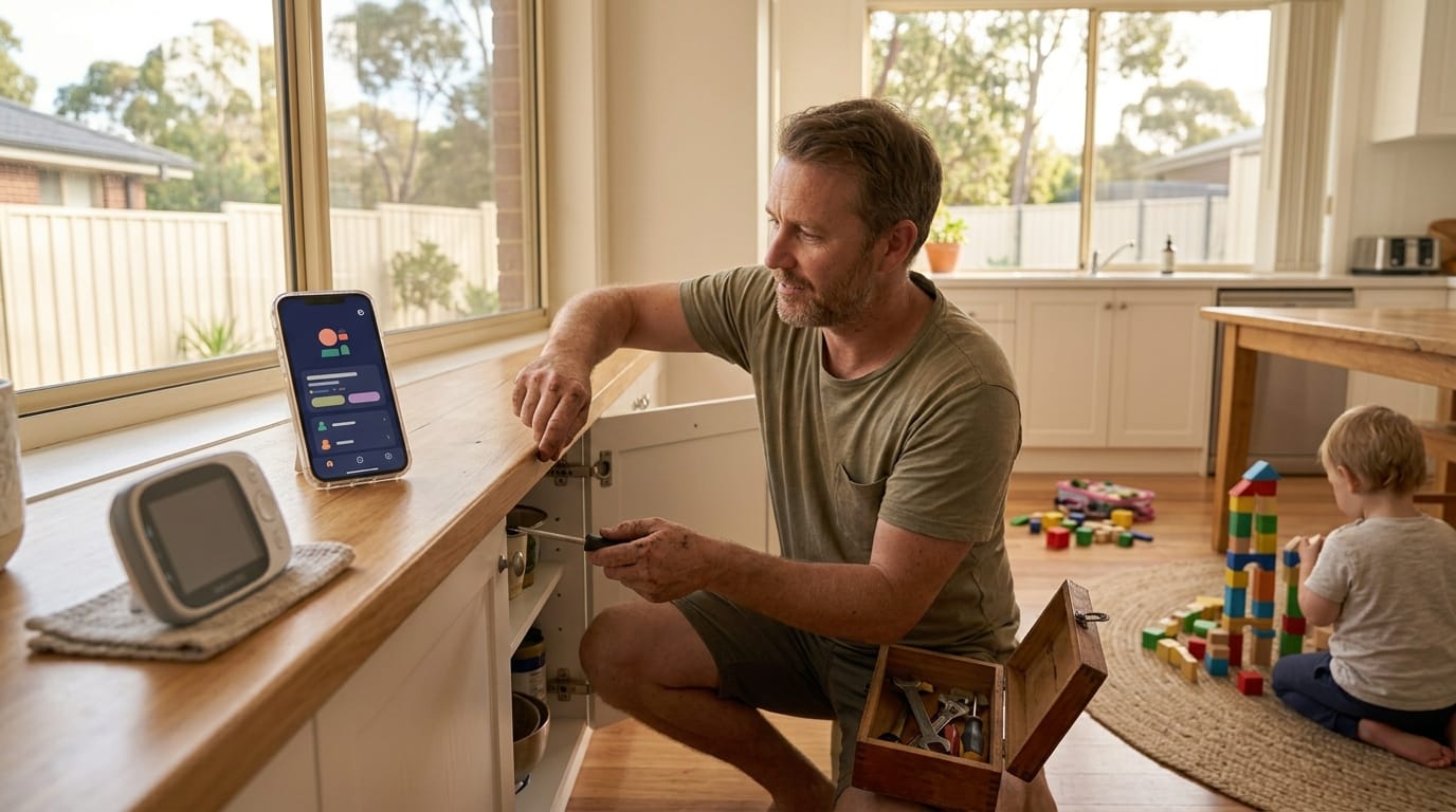 A parent tightening a cupboard hinge in the kitchen while a child plays nearby