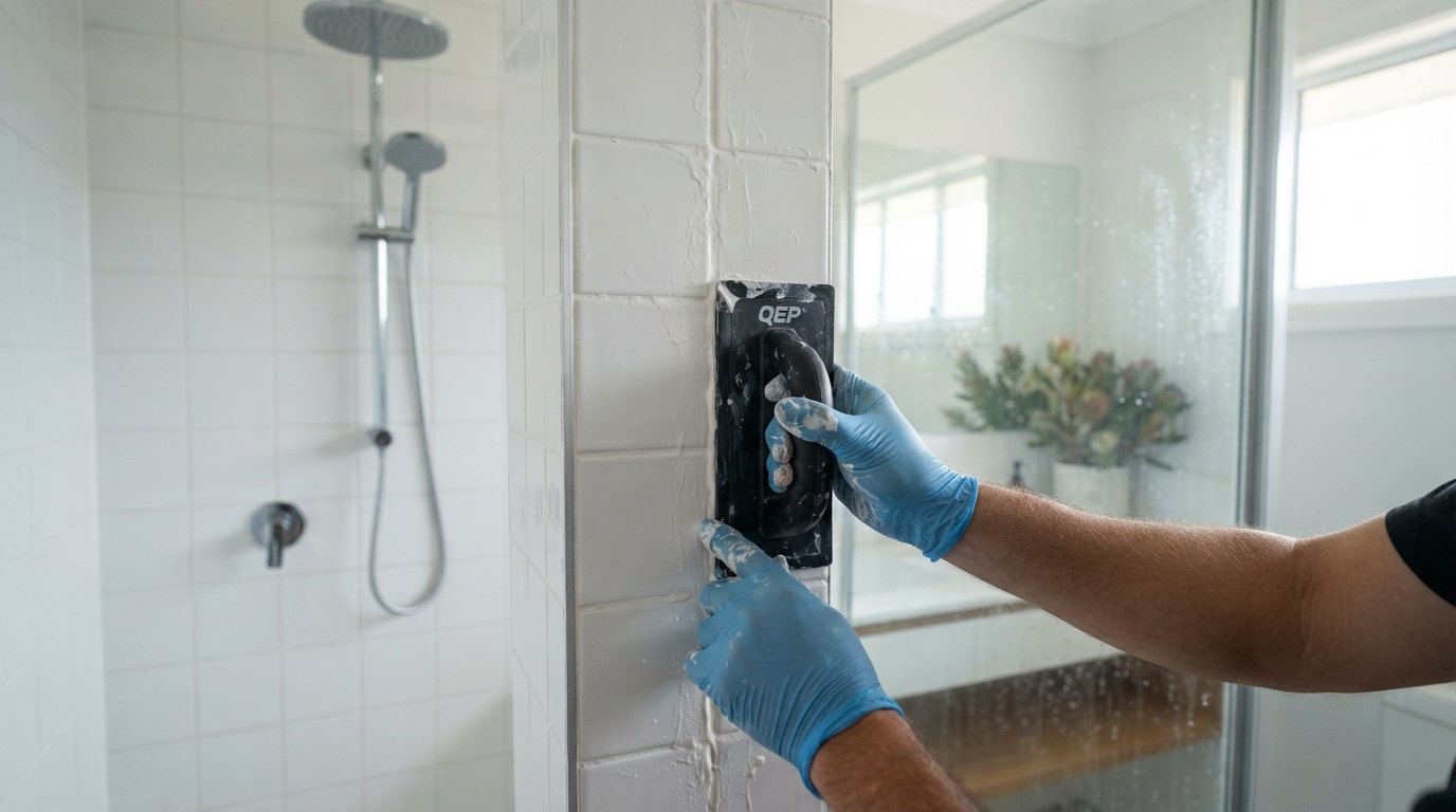 Applying fresh grout to shower tiles with a rubber float