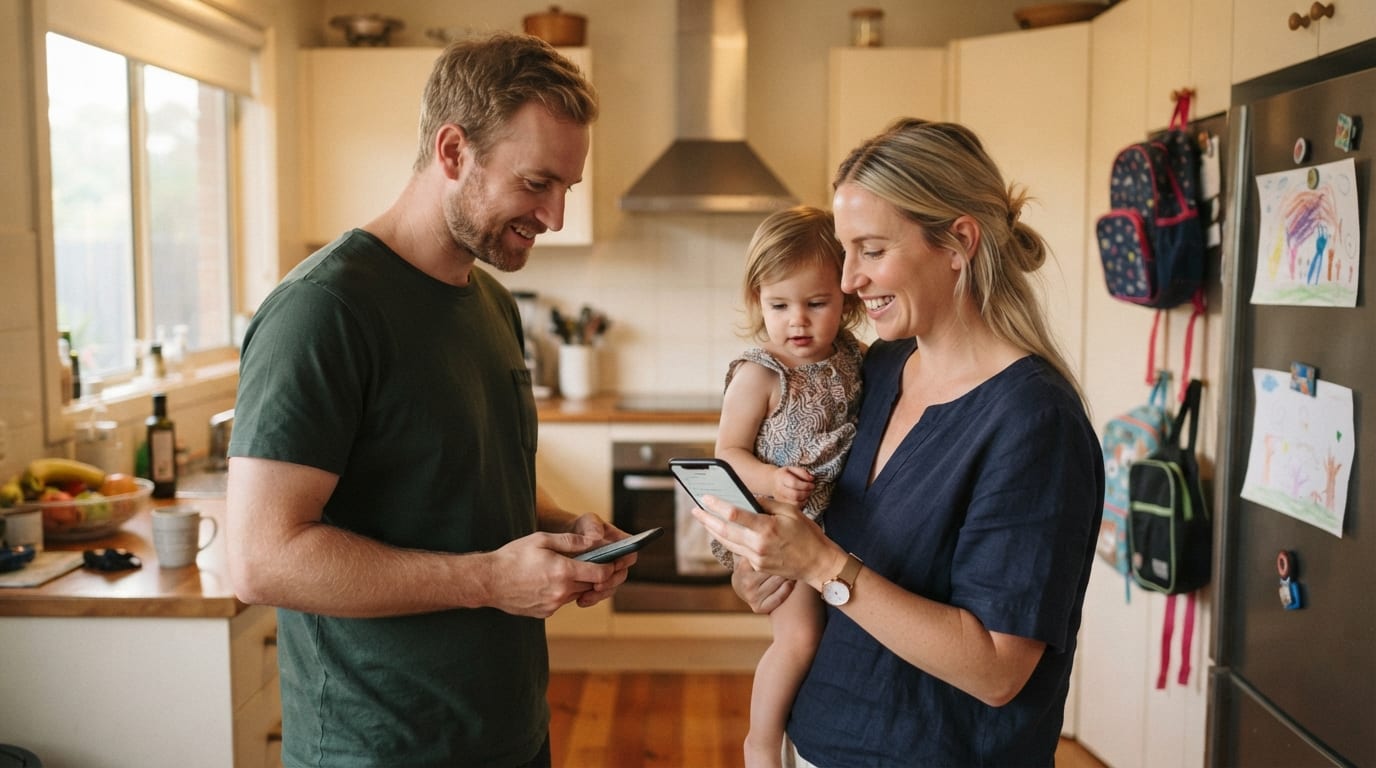 A parent holding a toddler shows their phone to their partner in the kitchen, both looking at the same to-do list