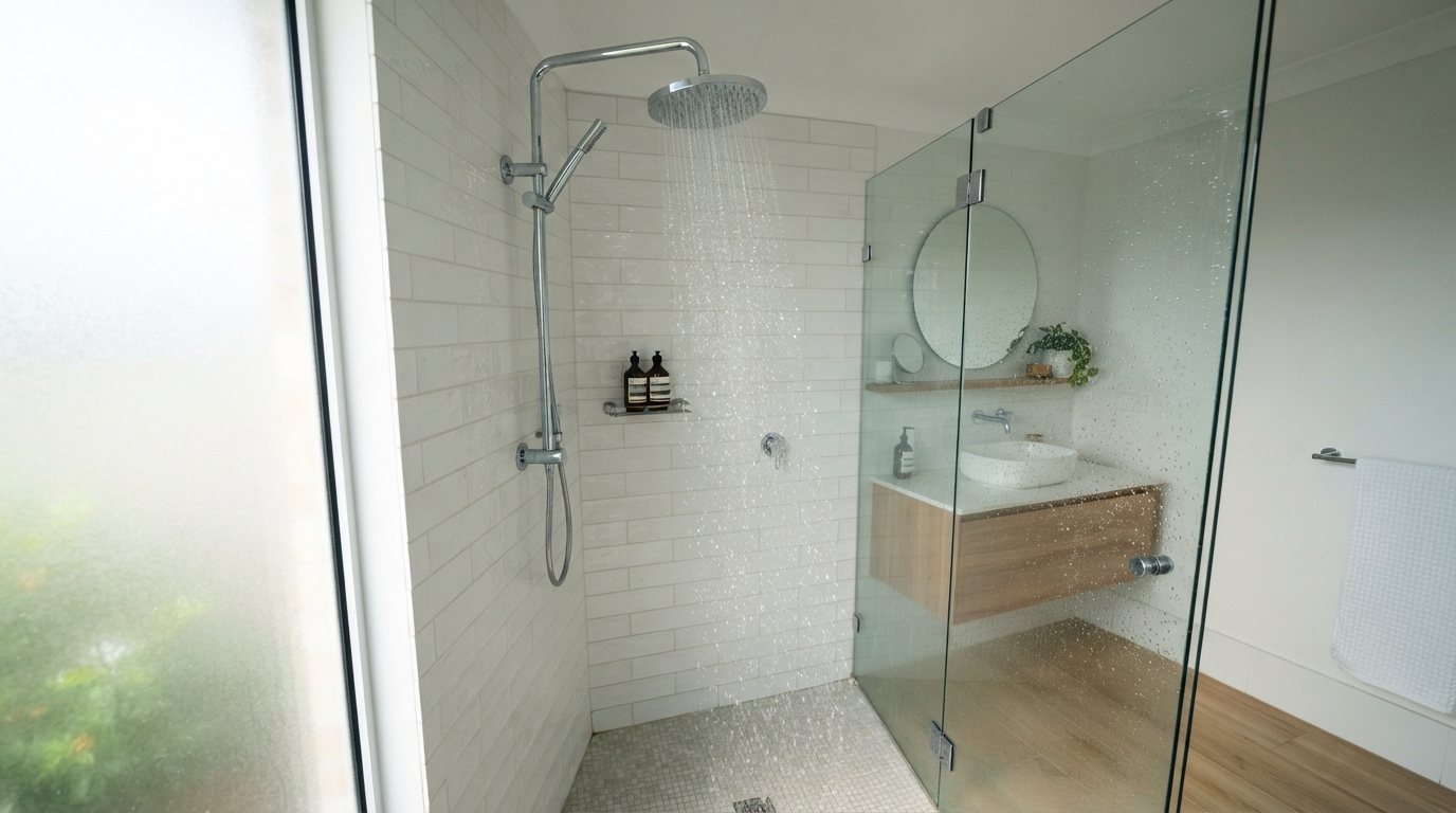 A modern shower with a chrome shower head behind a glass screen