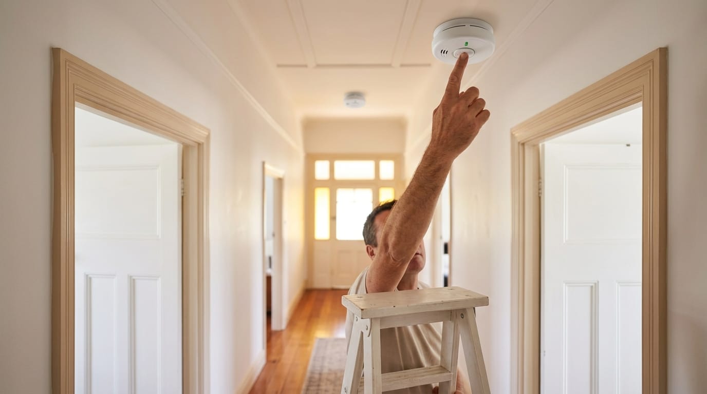 Pressing the test button on a ceiling smoke alarm in a Queensland hallway