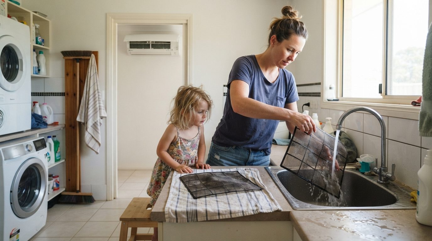 A parent rinsing split system air conditioner filters in a laundry tub while a child watches