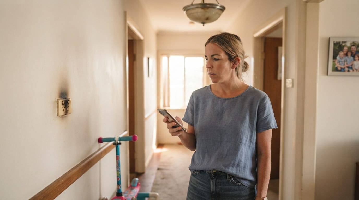 A homeowner in a hallway looks at a scorched power point while typing a message on their phone