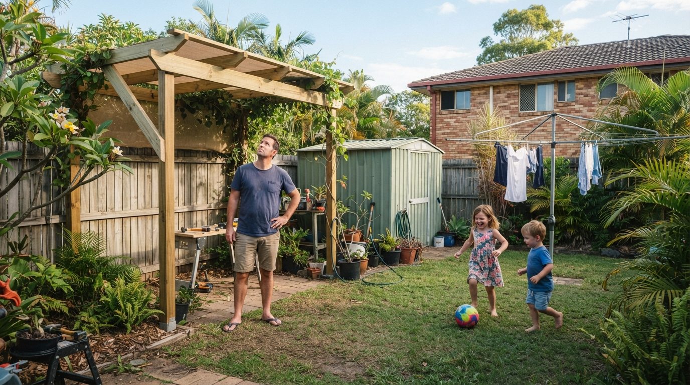 A parent looking over a backyard pergola and shed while kids play on the lawn