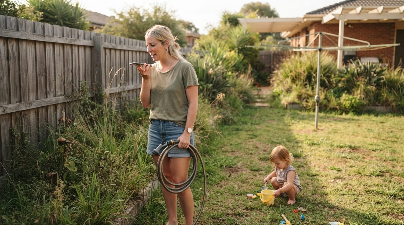 A parent holding a garden hose talks into their phone beside a weedy garden bed while a toddler plays on the lawn