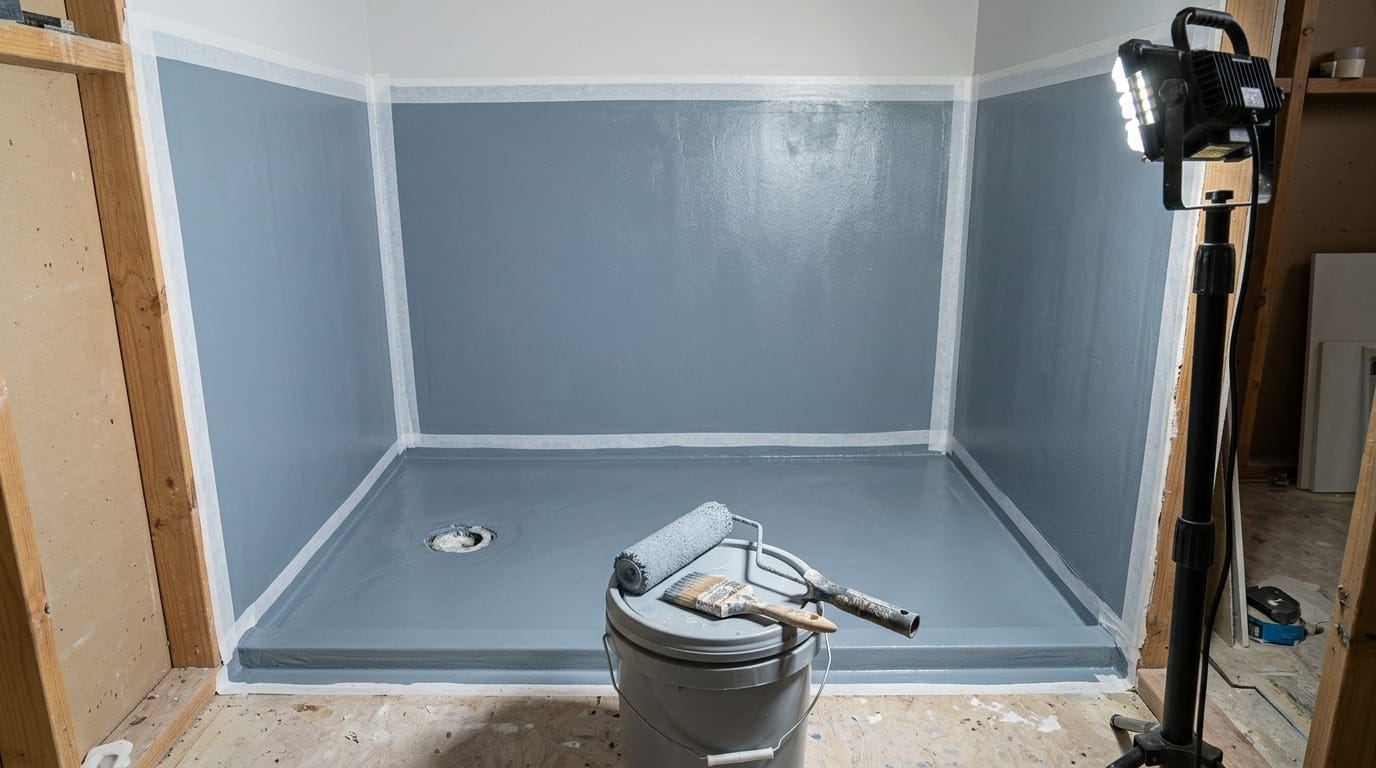 A shower recess coated in waterproofing membrane before tiling